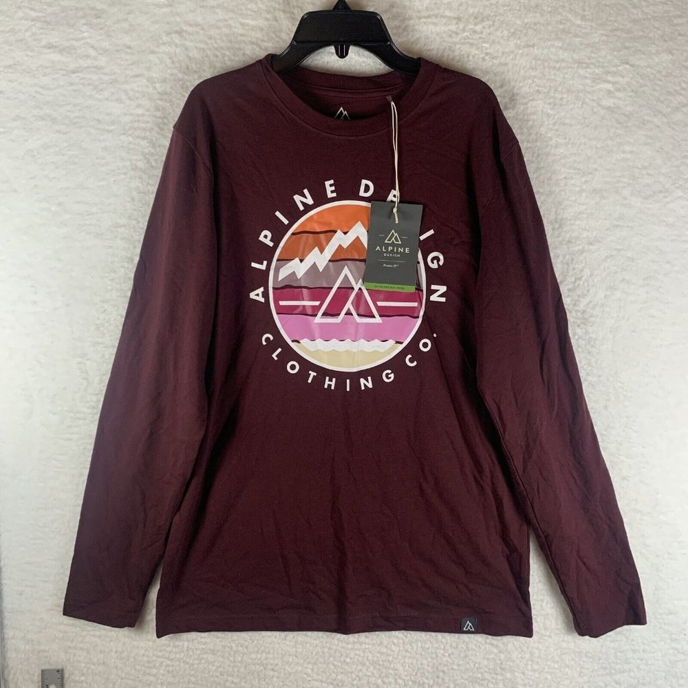 Alpine Design Shirt Men‎ Small Burgundy Cotton Graphic Crewneck Long Sleeve 7241